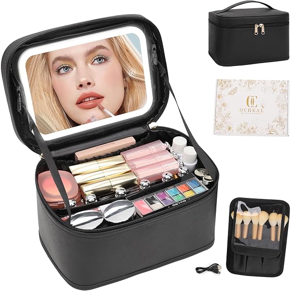 Amazon.com : OCHEAL Makeup Bag With LED Mirror, Travel Makeup Bag